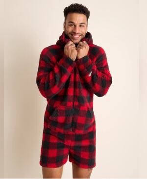 Chubbies Lumberjack Fleece Romper Onesie Men Large Red Black Buffalo Plaid